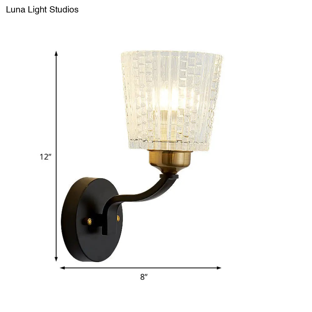 DecorBites™ Modern Black Metal Sconce Light with Textured Glass Shade - 1 Light Conical Wall Lighting