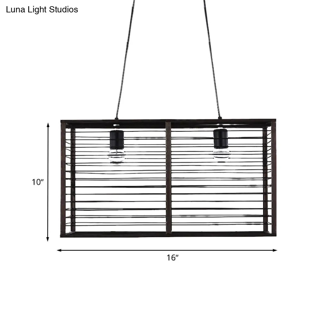 DecorBites™ Modern Black Rectangle Cage Island Pendant Light - 16"/19.5" W, 2-Light Bamboo Suspension Lamp for Restaurants