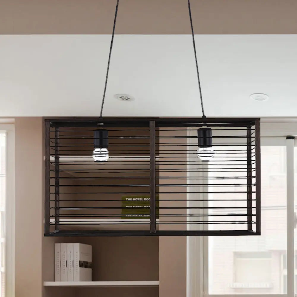 DecorBites™ Modern Black Rectangle Cage Island Pendant Light - 16"/19.5" W, 2-Light Bamboo Suspension Lamp for Restaurants