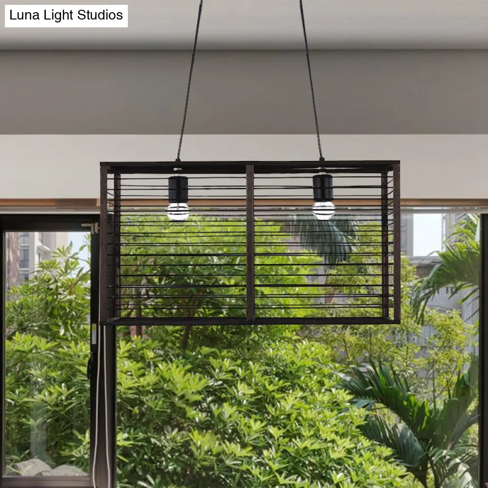DecorBites™ Modern Black Rectangle Cage Island Pendant Light - 16"/19.5" W, 2-Light Bamboo Suspension Lamp for Restaurants