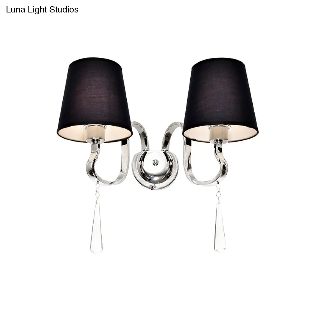 DecorBites™ Modern Black Taper Shade Wall Mount Light with Stainless Steel Arm and Crystal Drop, 2-Bulb Sconce Fixture