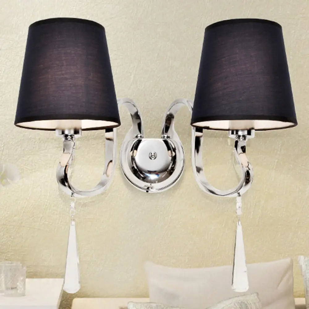 DecorBites™ Modern Black Taper Shade Wall Mount Light with Stainless Steel Arm and Crystal Drop, 2-Bulb Sconce Fixture