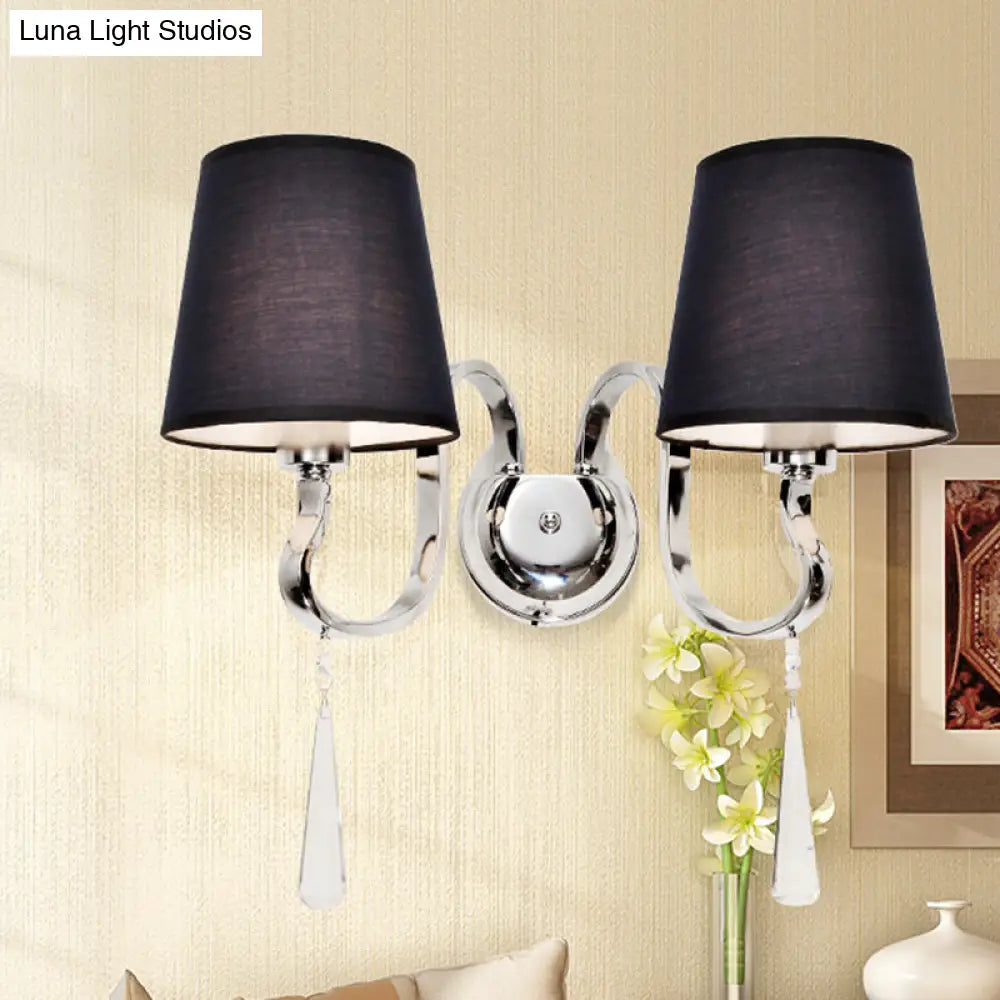 DecorBites™ Modern Black Taper Shade Wall Mount Light with Stainless Steel Arm and Crystal Drop, 2-Bulb Sconce Fixture