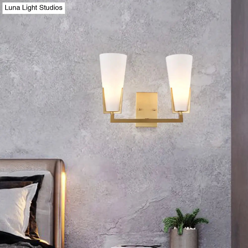 DecorBites™ Modern Brass Cone Wall Sconce with White Glass Shade - Bedside Lighting Fixture with 2 Bulbs