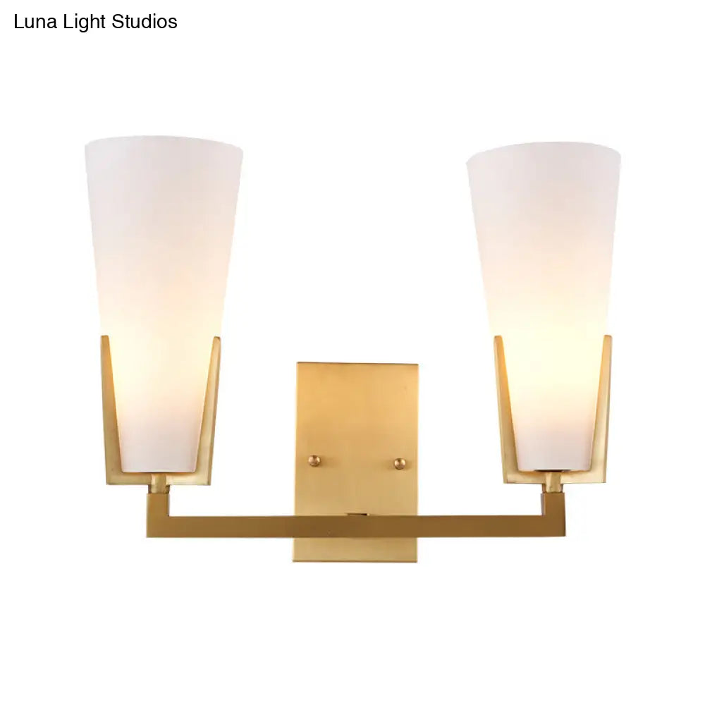 DecorBites™ Modern Brass Cone Wall Sconce with White Glass Shade - Bedside Lighting Fixture with 2 Bulbs