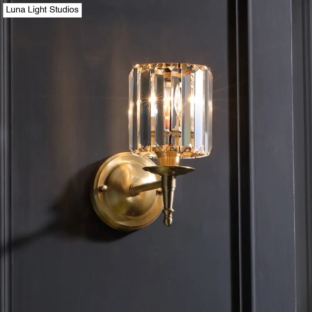 DecorBites™ Modern Brass Cylinder Wall Light Sconce with Crystal Shade - 1/2 Lights Metal Wall Mount