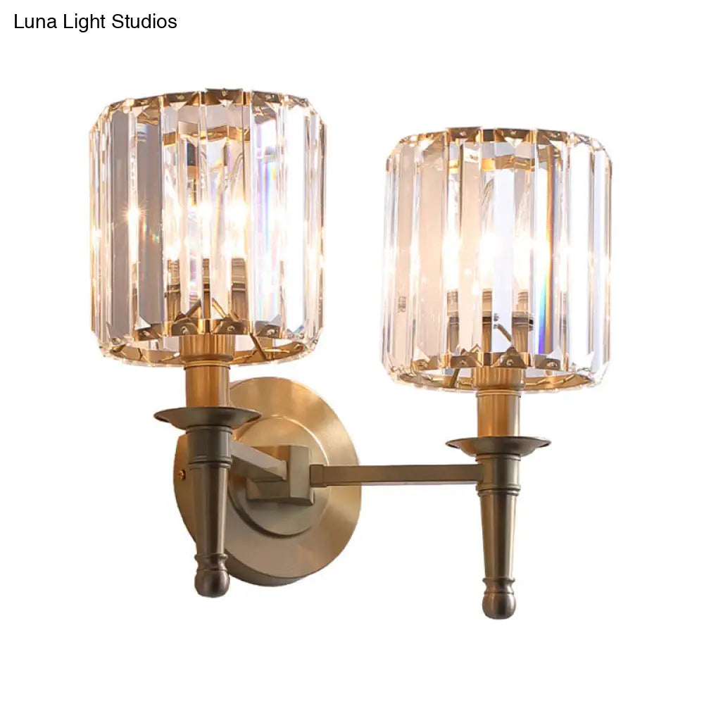 DecorBites™ Modern Brass Cylinder Wall Light Sconce with Crystal Shade - 1/2 Lights Metal Wall Mount