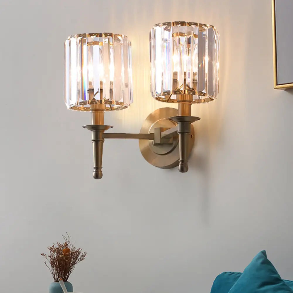 DecorBites™ Modern Brass Cylinder Wall Light Sconce with Crystal Shade - 1/2 Lights Metal Wall Mount