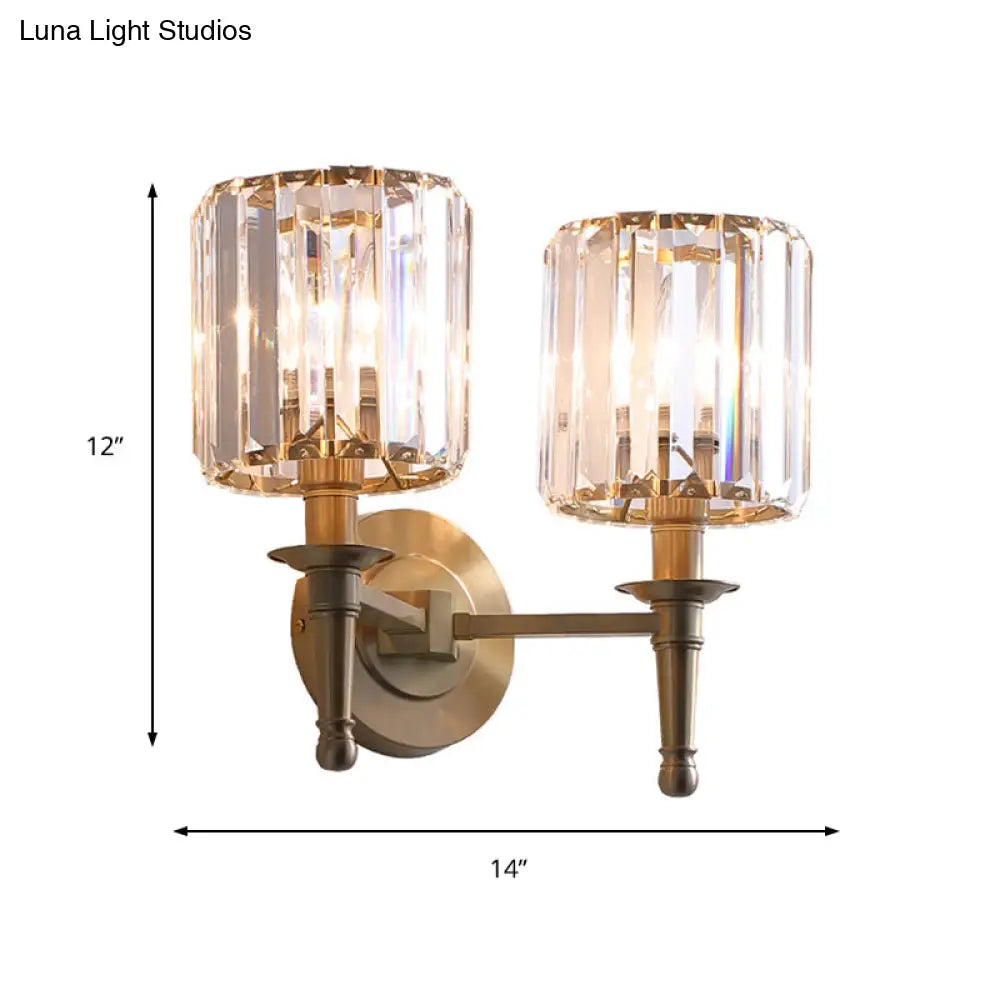 DecorBites™ Modern Brass Cylinder Wall Light Sconce with Crystal Shade - 1/2 Lights Metal Wall Mount