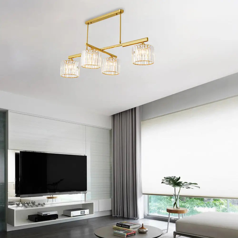 DecorBites™ Modern Brass Hanging Light with Crystal Block - 4-Light Metal Cylinder Island Lighting for Living Room