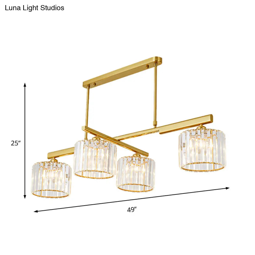 DecorBites™ Modern Brass Hanging Light with Crystal Block - 4-Light Metal Cylinder Island Lighting for Living Room