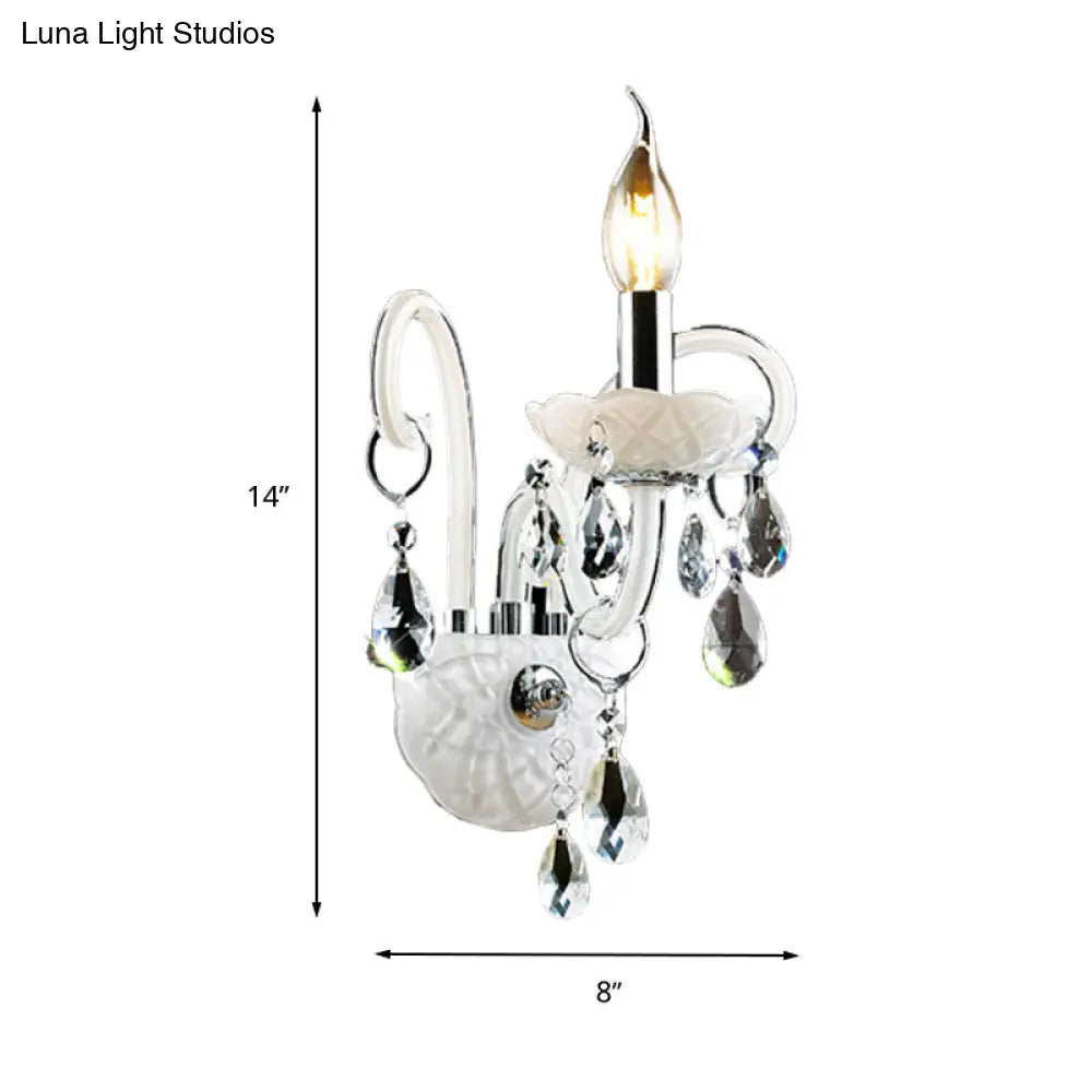 DecorBites™ Modern Candelabra Wall Sconce Light with Teardrop Crystal Decoration - White Glass - 1/2 Heads - Living Room Fixture