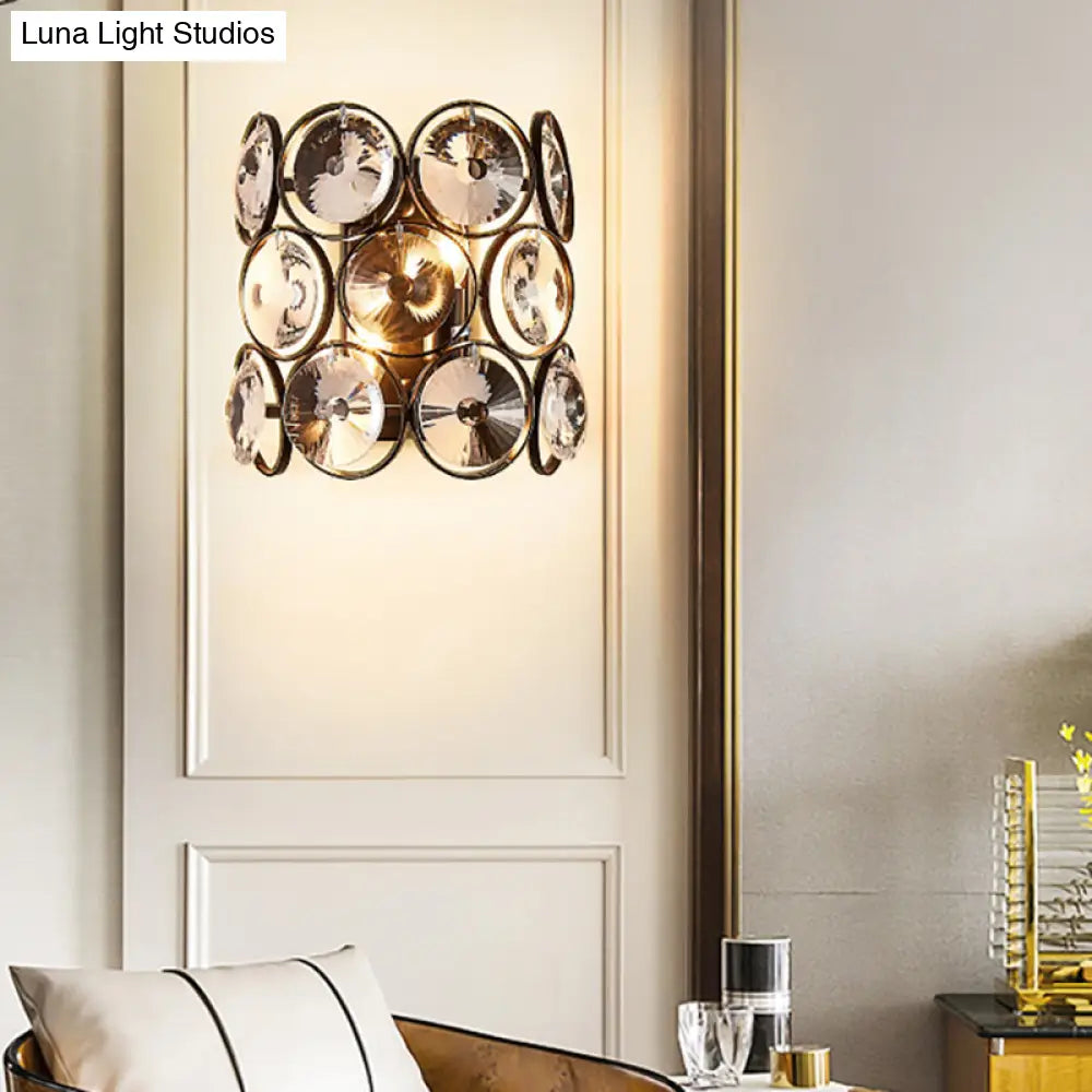DecorBites™ Modern Circles Wall Mount Light with Clear Crystal and Metal Detailing - Black Finish, 2-Bulb Bedroom Wall Sconce