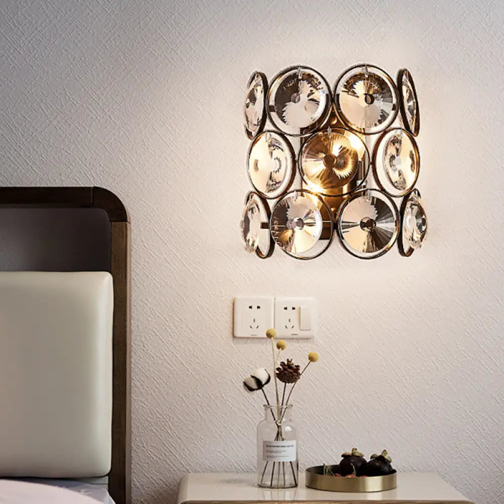 DecorBites™ Modern Circles Wall Mount Light with Clear Crystal and Metal Detailing - Black Finish, 2-Bulb Bedroom Wall Sconce