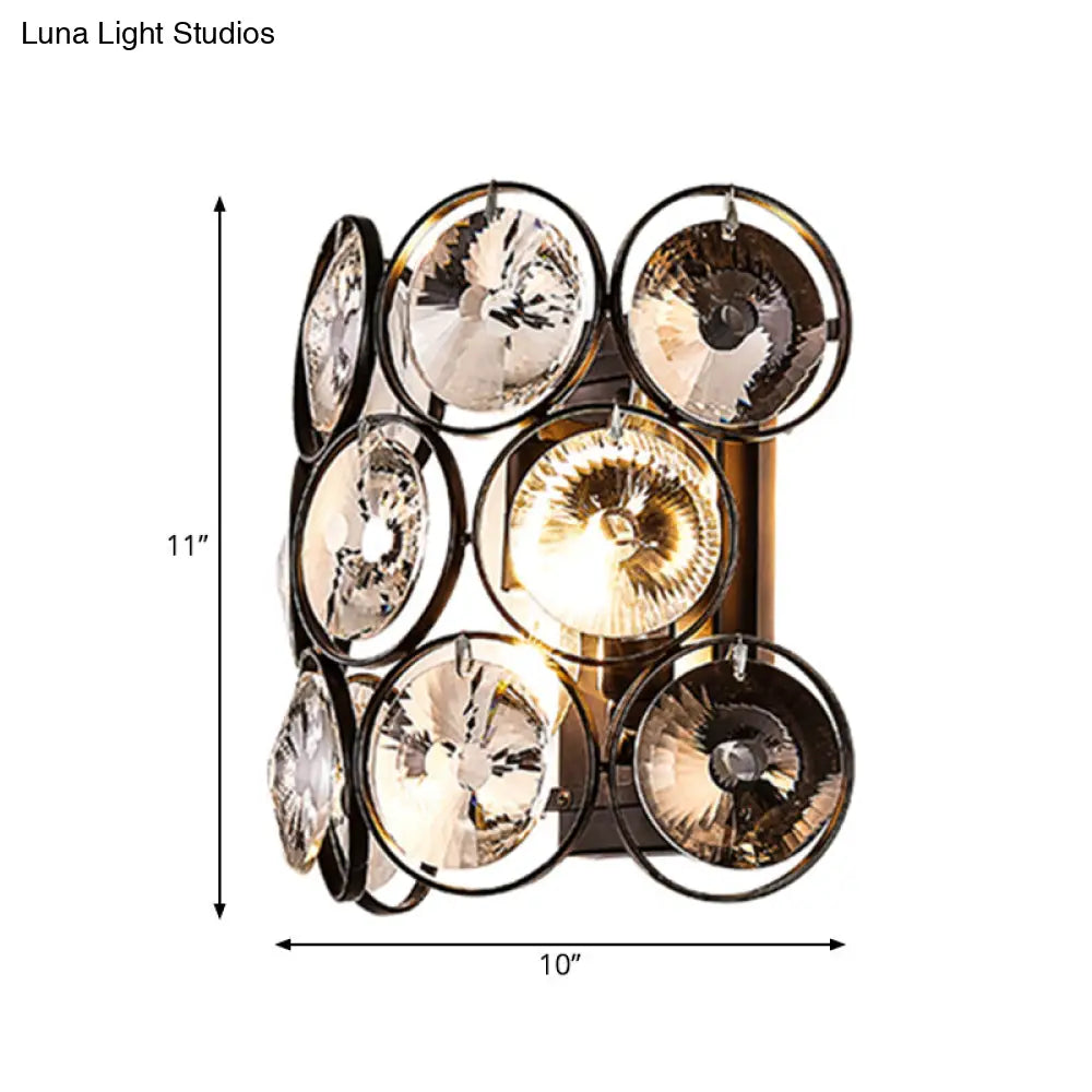 DecorBites™ Modern Circles Wall Mount Light with Clear Crystal and Metal Detailing - Black Finish, 2-Bulb Bedroom Wall Sconce
