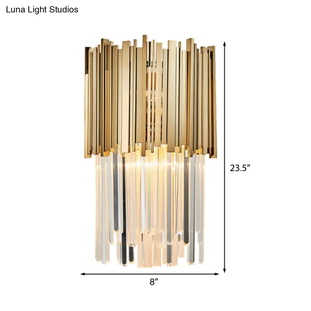 DecorBites™ Modern Clear Crystal Tiered 2-Bulb Golden Wall Sconce Light - 8"/12" W, Metal