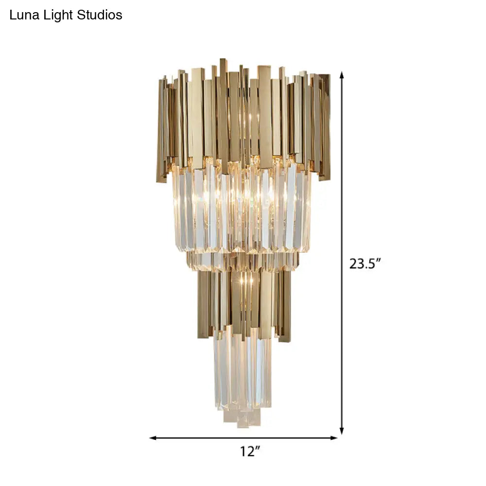 DecorBites™ Modern Clear Crystal Tiered 2-Bulb Golden Wall Sconce Light - 8"/12" W, Metal