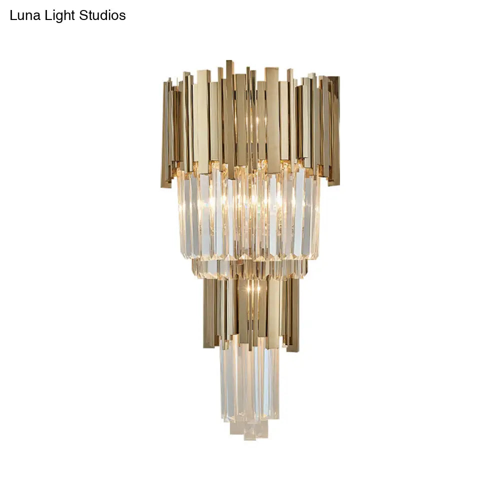 DecorBites™ Modern Clear Crystal Tiered 2-Bulb Golden Wall Sconce Light - 8"/12" W, Metal