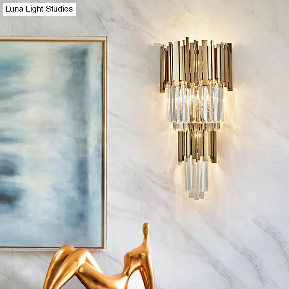 DecorBites™ Modern Clear Crystal Tiered 2-Bulb Golden Wall Sconce Light - 8"/12" W, Metal