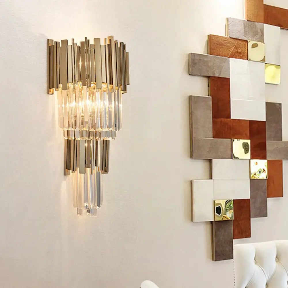 DecorBites™ Modern Clear Crystal Tiered 2-Bulb Golden Wall Sconce Light - 8"/12" W, Metal