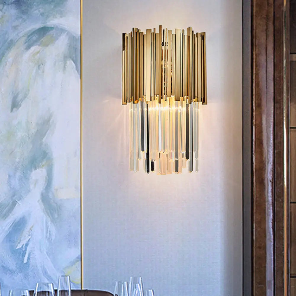 DecorBites™ Modern Clear Crystal Tiered 2-Bulb Golden Wall Sconce Light - 8"/12" W, Metal