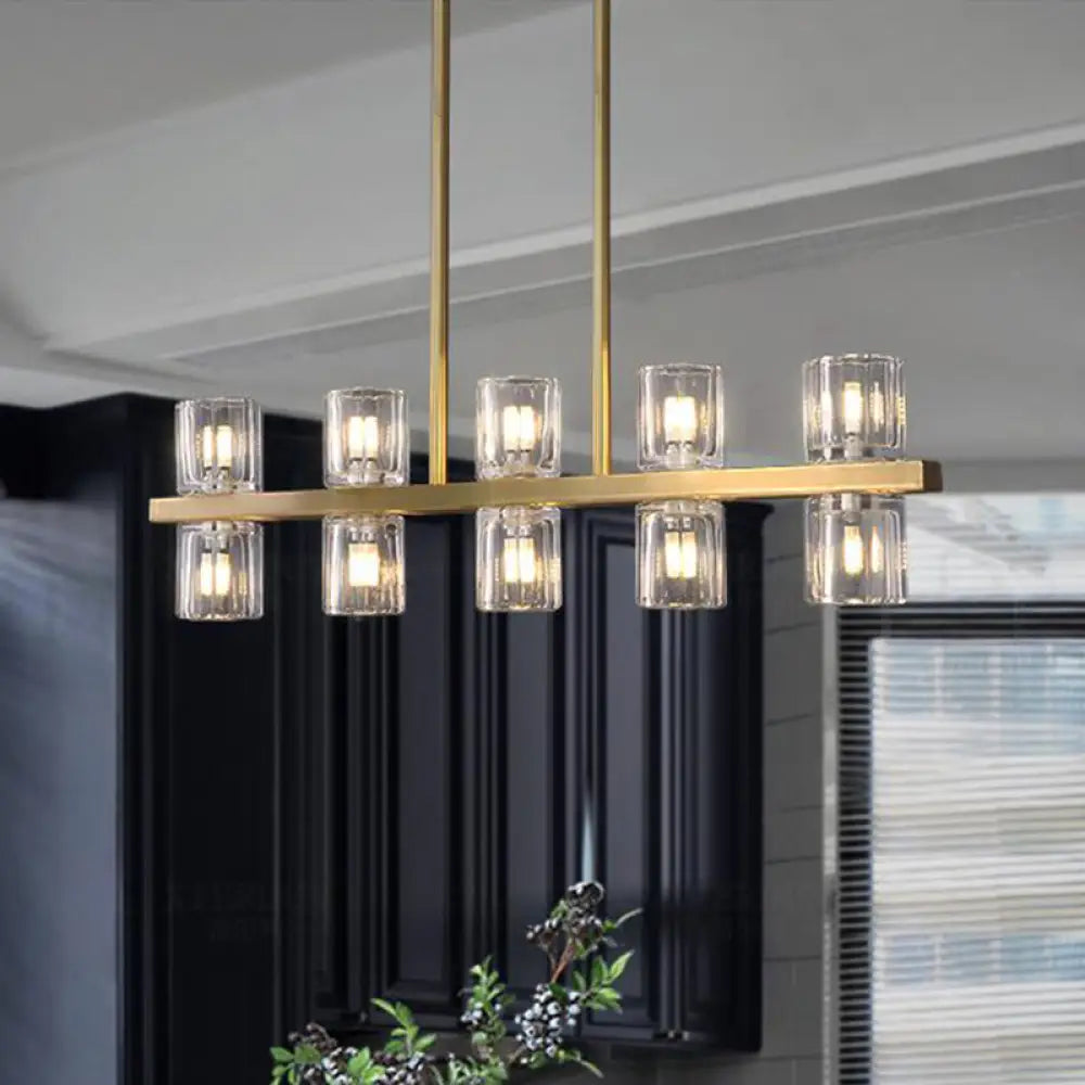 DecorBites™ Modern Clear Glass Cylinder Island Light Fixture - 10 Head Gold Suspension Pendant for Restaurants