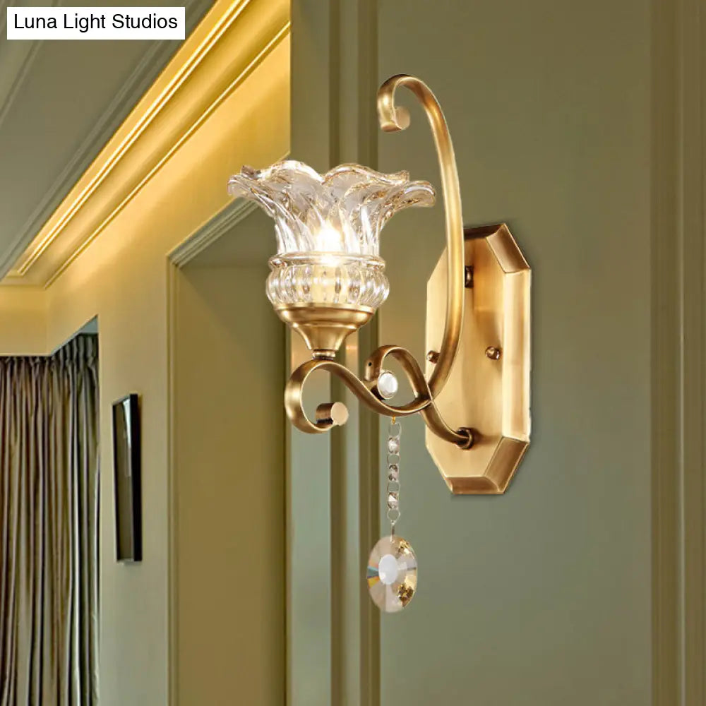 DecorBites™ Modern Clear Glass Flower Sconce: Brass Wall Lamp with Crystal Accent - 1/2 Lights