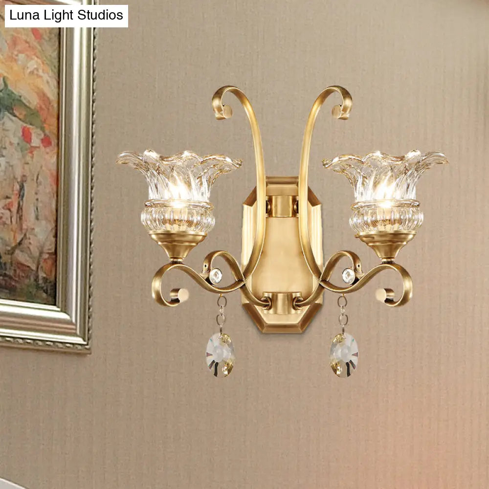 DecorBites™ Modern Clear Glass Flower Sconce: Brass Wall Lamp with Crystal Accent - 1/2 Lights
