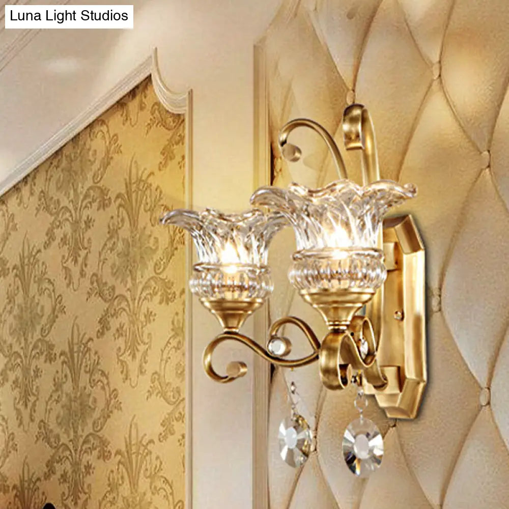 DecorBites™ Modern Clear Glass Flower Sconce: Brass Wall Lamp with Crystal Accent - 1/2 Lights