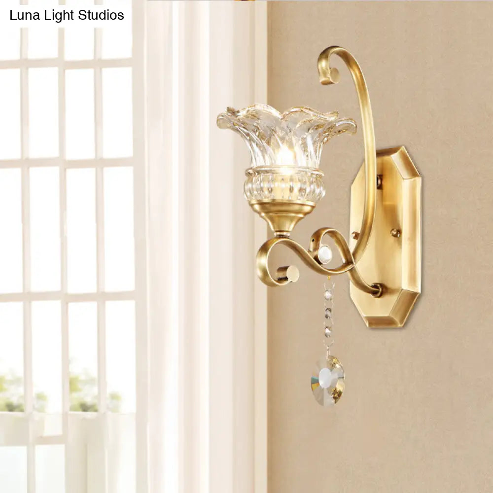 DecorBites™ Modern Clear Glass Flower Sconce: Brass Wall Lamp with Crystal Accent - 1/2 Lights
