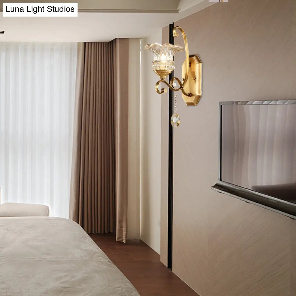 DecorBites™ Modern Clear Glass Flower Sconce: Brass Wall Lamp with Crystal Accent - 1/2 Lights