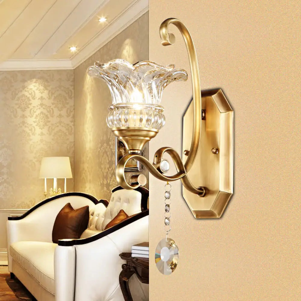 DecorBites™ Modern Clear Glass Flower Sconce: Brass Wall Lamp with Crystal Accent - 1/2 Lights