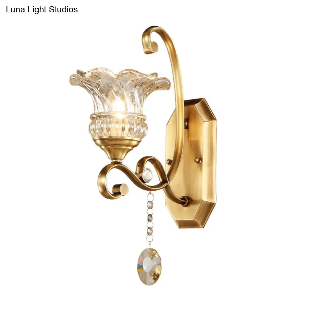 DecorBites™ Modern Clear Glass Flower Sconce: Brass Wall Lamp with Crystal Accent - 1/2 Lights