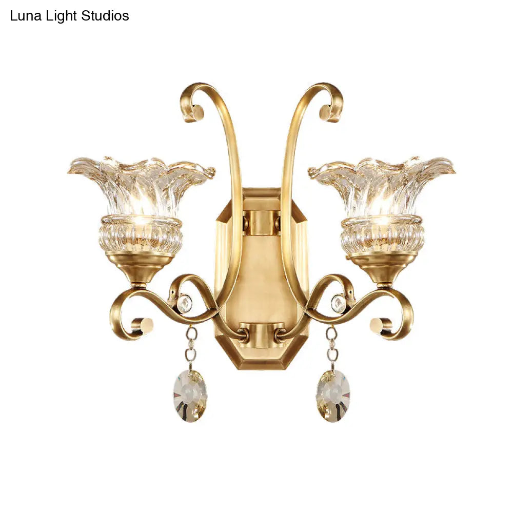 DecorBites™ Modern Clear Glass Flower Sconce: Brass Wall Lamp with Crystal Accent - 1/2 Lights