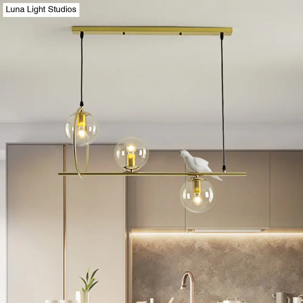DecorBites™ Modern Clear Glass Pendant Light Fixture with White Bird - Global Island Lamp, Gold Trim, 3 Heads