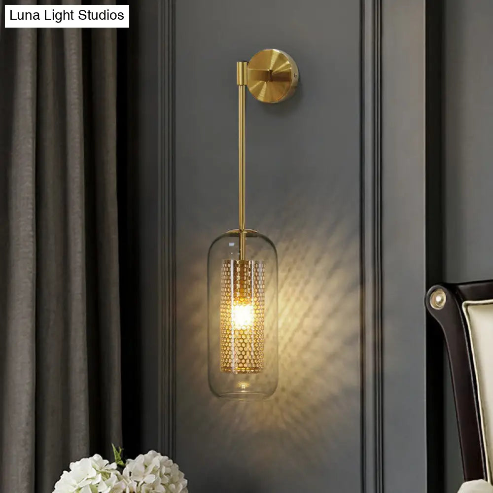 DecorBites™ Modern Clear Glass Wall Sconce Light with Wire Mesh - 1 Head Stairway Fixture