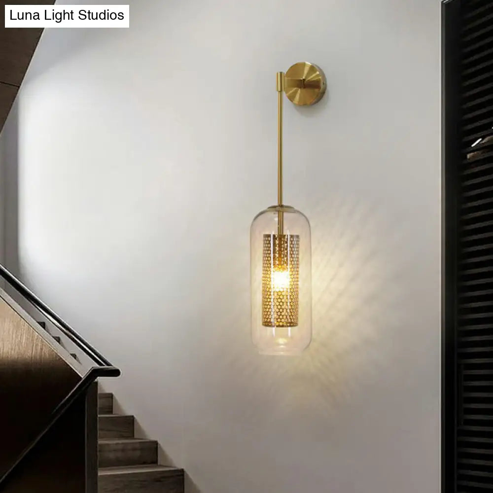DecorBites™ Modern Clear Glass Wall Sconce Light with Wire Mesh - 1 Head Stairway Fixture