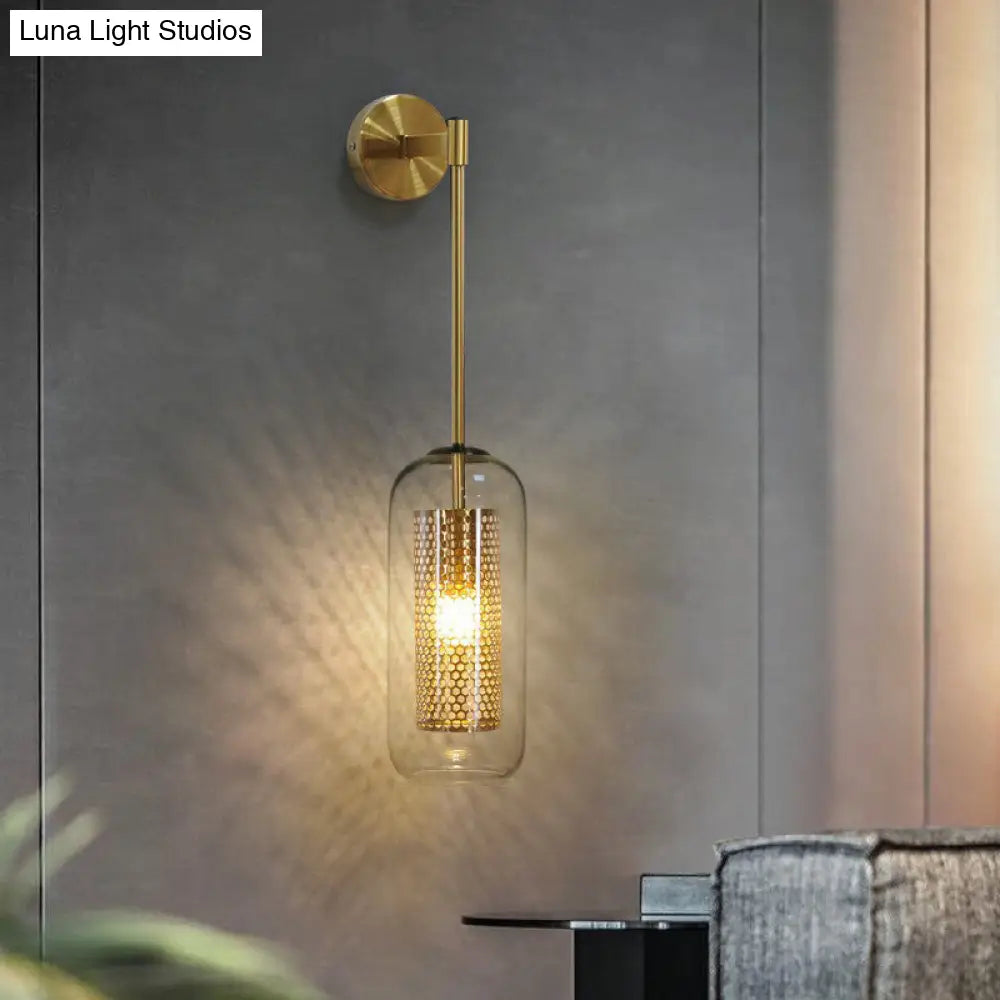 DecorBites™ Modern Clear Glass Wall Sconce Light with Wire Mesh - 1 Head Stairway Fixture