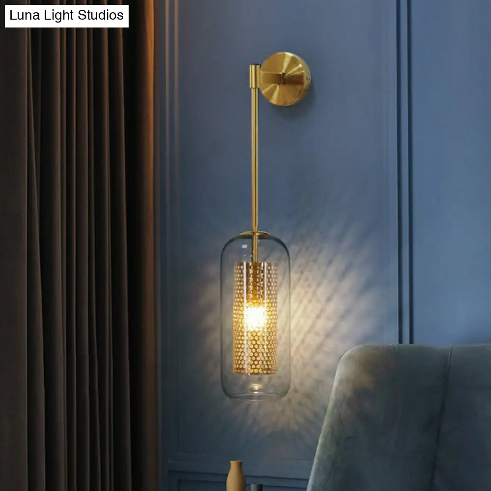 DecorBites™ Modern Clear Glass Wall Sconce Light with Wire Mesh - 1 Head Stairway Fixture