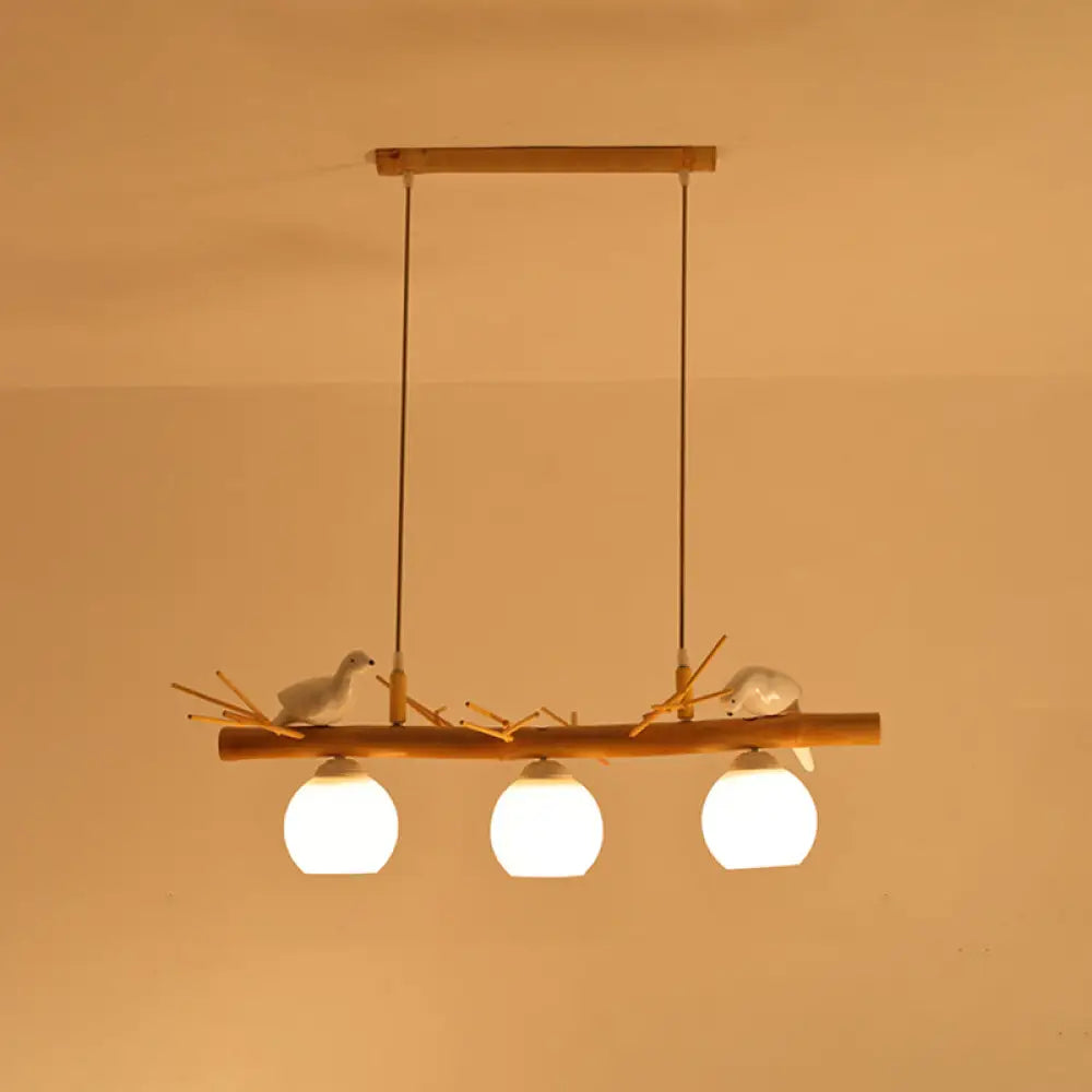 DecorBites™ Modern Cream Glass Wood Pendant Light with White Bird Deco - Dome Island Fixture
