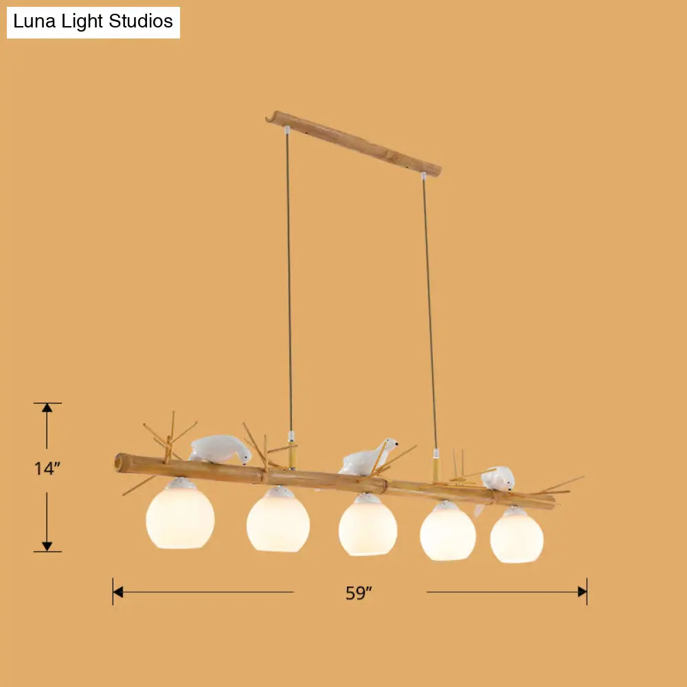 DecorBites™ Modern Cream Glass Wood Pendant Light with White Bird Deco - Dome Island Fixture