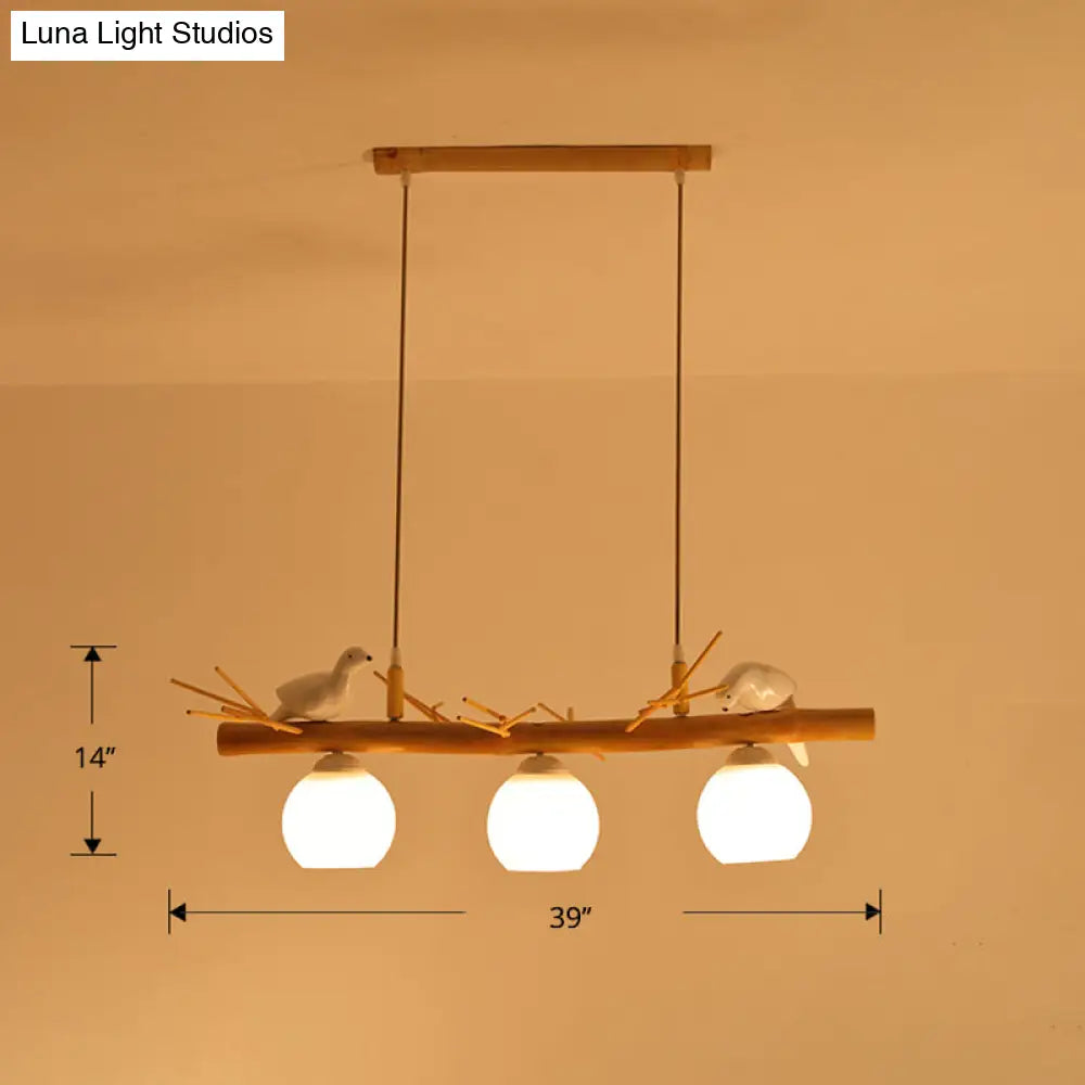 DecorBites™ Modern Cream Glass Wood Pendant Light with White Bird Deco - Dome Island Fixture