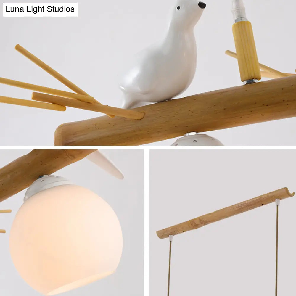 DecorBites™ Modern Cream Glass Wood Pendant Light with White Bird Deco - Dome Island Fixture