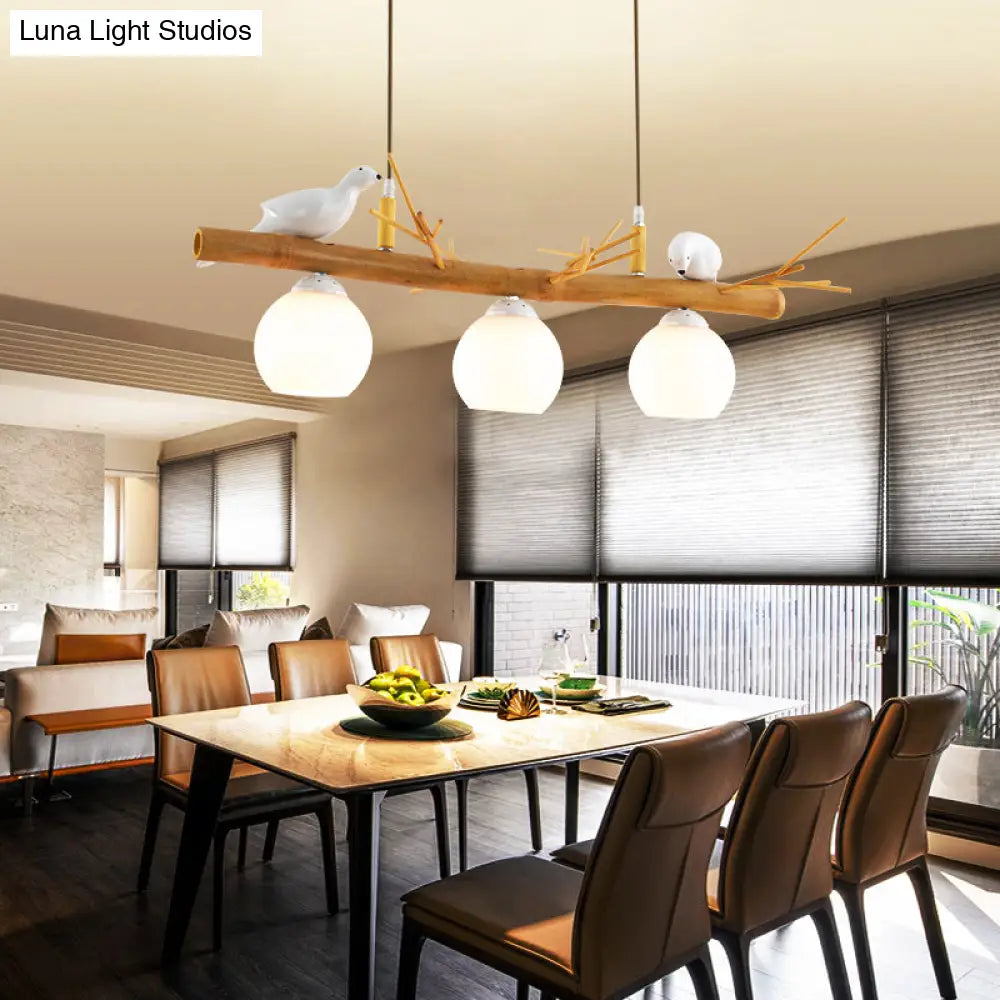 DecorBites™ Modern Cream Glass Wood Pendant Light with White Bird Deco - Dome Island Fixture
