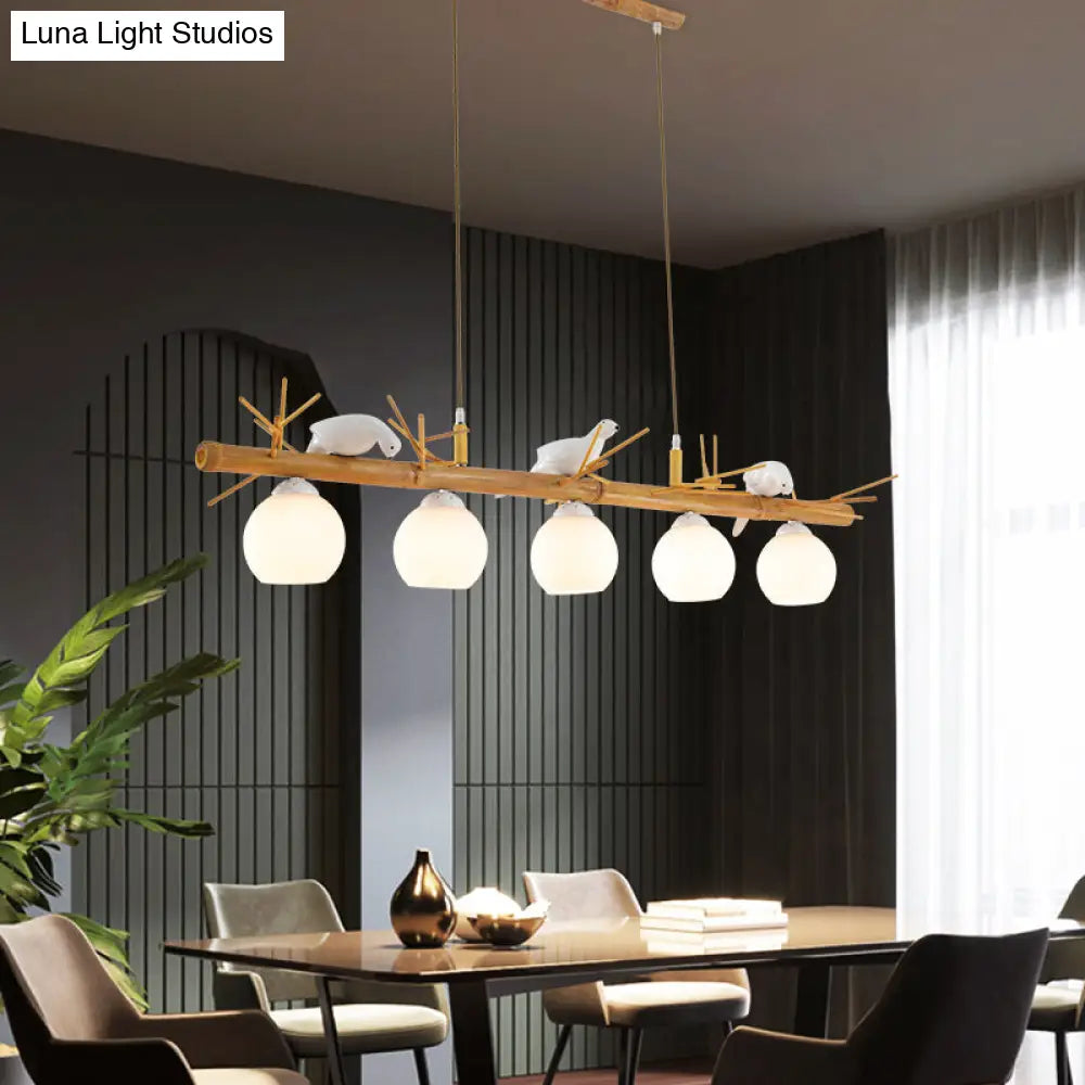 DecorBites™ Modern Cream Glass Wood Pendant Light with White Bird Deco - Dome Island Fixture