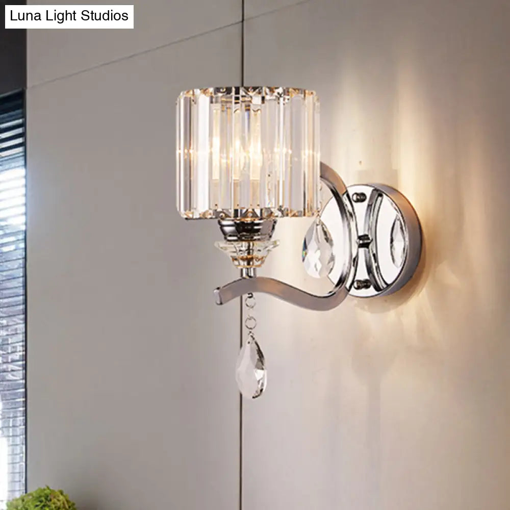DecorBites™ Modern Crystal Block Cylinder Wall Sconce in Chrome - Bedroom Wall Light Fixture