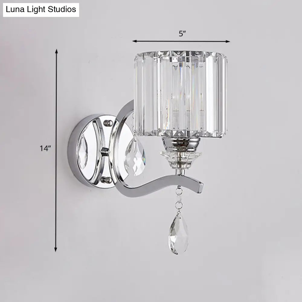 DecorBites™ Modern Crystal Block Cylinder Wall Sconce in Chrome - Bedroom Wall Light Fixture