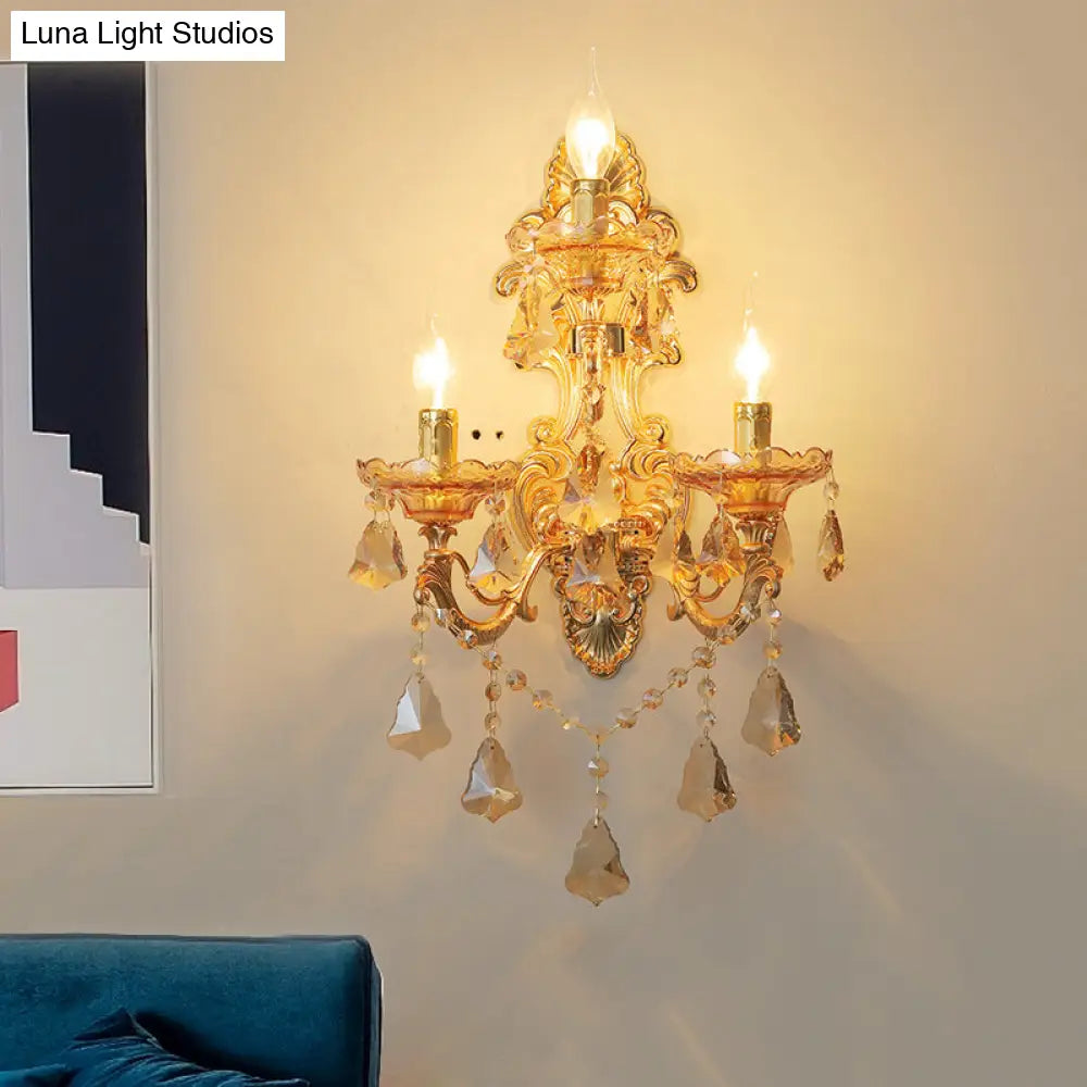 DecorBites™ Modern Crystal Candelabra Wall Mount Light with 3 Gold Lights - Living Room Sconce
