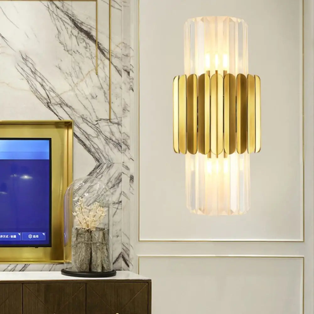 DecorBites™ Modern Crystal Cylinder Wall Mount Lamp with 2 Gold Heads - Bedroom Wall Lighting Fixture