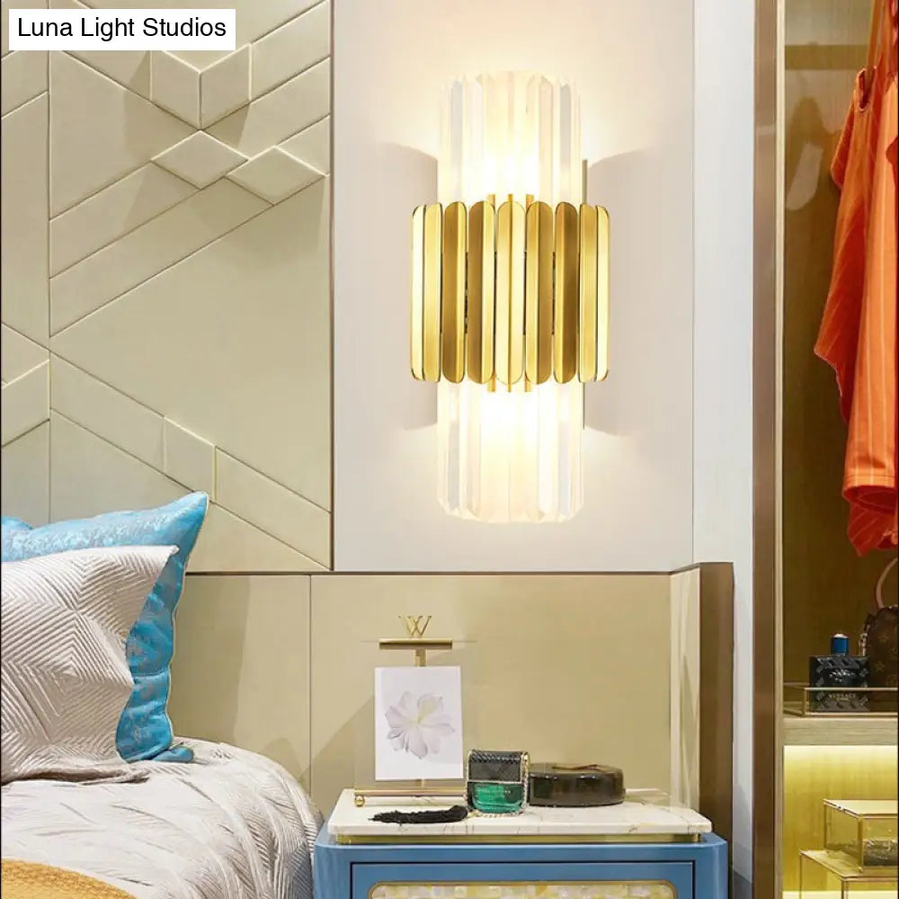 DecorBites™ Modern Crystal Cylinder Wall Mount Lamp with 2 Gold Heads - Bedroom Wall Lighting Fixture